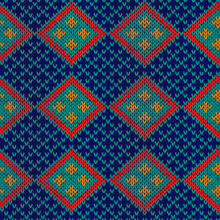 Rhombus checkered knitted background in red, blue, orange and turquoise hues, seamless knitting vector pattern as a fabric textureのイラスト素材