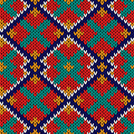 Knitted background with multicolor rhombus ornament in red, orange, blue, white and turquoise hues, seamless knitting vector pattern as a fabric textureのイラスト素材