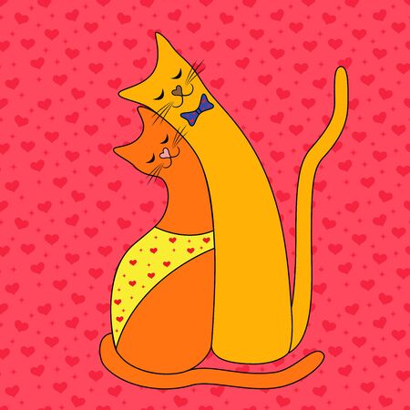 Loving cat couple on the seamless pink background with many red hearts, Valentine vector illustrationのイラスト素材