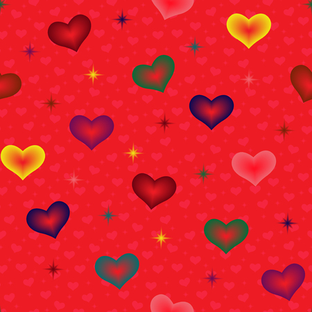 Colourful hearts and stars on the red background with many small pink hearts, seamless Valentine vector patternのイラスト素材