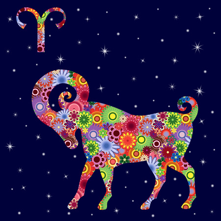 Zodiac sign Aries with colorful flowers fill on a background of the dark blue starry sky, vector illustrationのイラスト素材