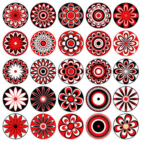 Set of twenty five symmetrical stylized vector flowers in black, white and red colors isolated on the white backgroundのイラスト素材