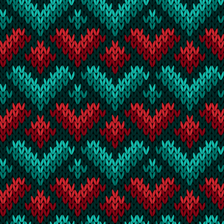 Knitting seamless vector pattern with stylized hearts in red, green and turquoise hues as a fabric textureのイラスト素材