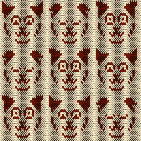 Set of nine amusing cat faces with various character, knitting vector pattern in coffee and cocoa huesのイラスト素材