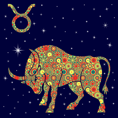 Zodiac sign Taurus with colorful flowers fill in warm hues on a background of the blue starry sky, vector illustrationのイラスト素材