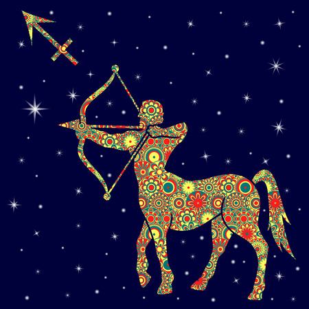 Zodiac sign Sagittarius with colorful flowers fill in warm hues on a background of the blue starry sky, vector illustrationのイラスト素材
