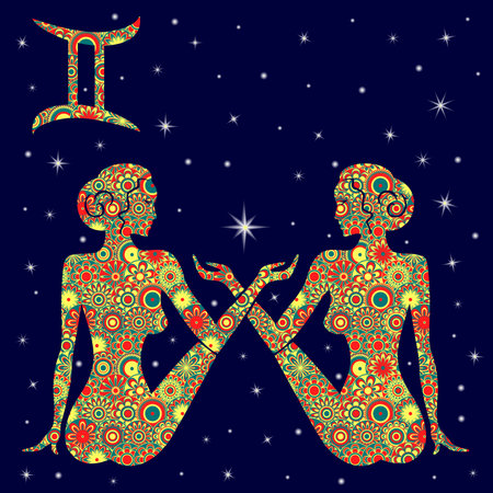 Zodiac sign Gemini with colorful flowers fill in warm hues on a background of the blue starry sky, vector illustrationのイラスト素材