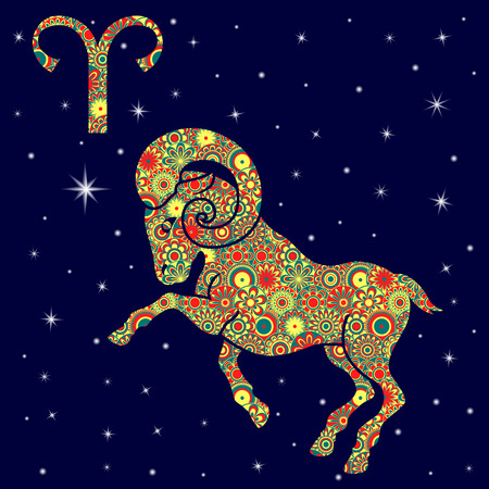 Zodiac sign Aries with colorful flowers fill in warm hues on a background of the blue starry sky, vector illustrationのイラスト素材