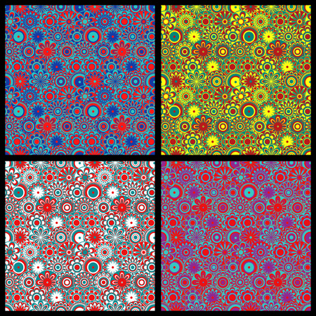 Four seamless floral colorful motley same backgrounds with flower fill of various color triads, vector illustrations as a fabric textureのイラスト素材