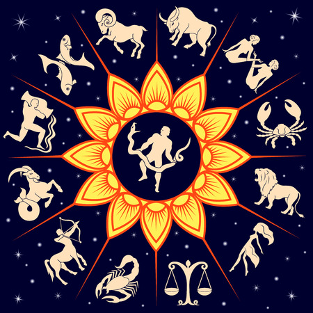 Twelve traditional silhouettes of zodiac signs around the Sun and one new alternative sign Ophiuchus in the center, vector illustration with background of dark blue starry skyのイラスト素材