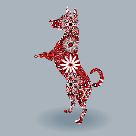 Standing Dog, vector stencil silhouette fill with stylized flowers in red, white and black colors on a grey background.のイラスト素材
