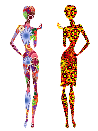 Two slender stylized young models in ornate motley multicolour long ethnic clothes, vector stencils isolated on the white backgroundのイラスト素材
