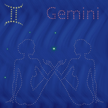 A Zodiac sign Gemini contour with tiny stars on the background of blue wavy starry sky, vector illustrationのイラスト素材