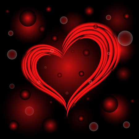 Stylized Red Heart the Symbol of Love on a dark red background with flying luminous spheres, vector illustrationのイラスト素材