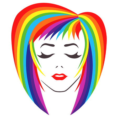 Abstract female portrait with closed eyes and vibrant spectrum color hair, vector illustration isolated on the white backgroundのイラスト素材