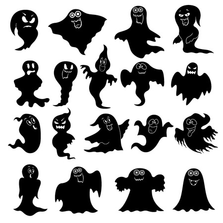 Collection of flying black ghost stencils with various characters isolated on a white background.のイラスト素材