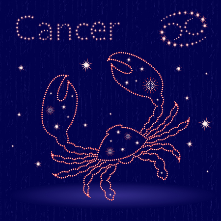 Zodiac sign Cancer on the starry sky, hand drawn vector illustration with stylized stars over blue backgroundのイラスト素材