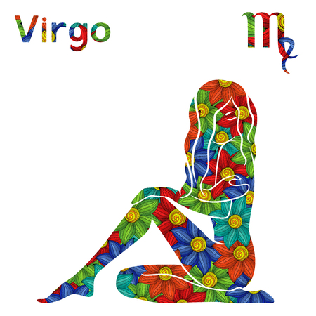 Zodiac sign Virgo with filling of colorful stylized flowers on a white background, vector illustrationのイラスト素材