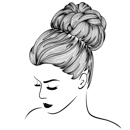 Attractive dreamy women with high gorgeous hairdo. Hand drawn detailed, vector illustration on the white background.のイラスト素材