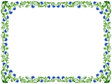 Ornamental floral frame with leaves and flowers in green and blue hues, vector illustration.のイラスト素材