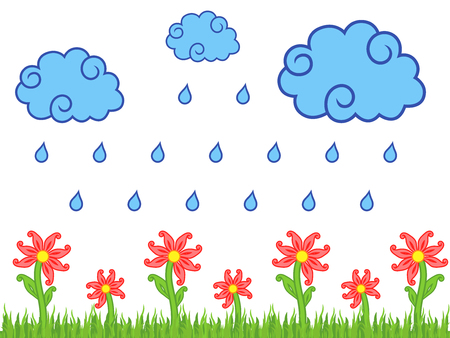 Drops of rain from the clouds fall on red meadow flowers, childish vector illustrationのイラスト素材