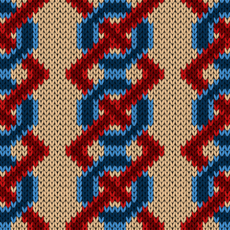 Interlaced knitting seamless vector pattern with blue chains and red zigzag lines on the beige backgroundのイラスト素材