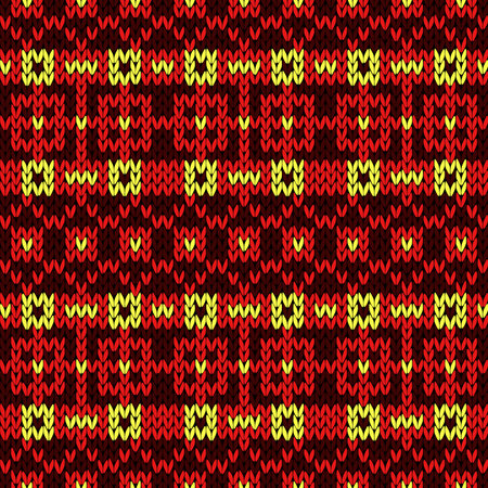 Knitted seamless vector pattern with quadratic ornament in yellow and red colors as a fabric textureのイラスト素材