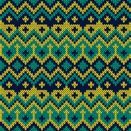 Knitted seamless vector ornate pattern in yellow, turquoise and blue colors as a fabric textureのイラスト素材