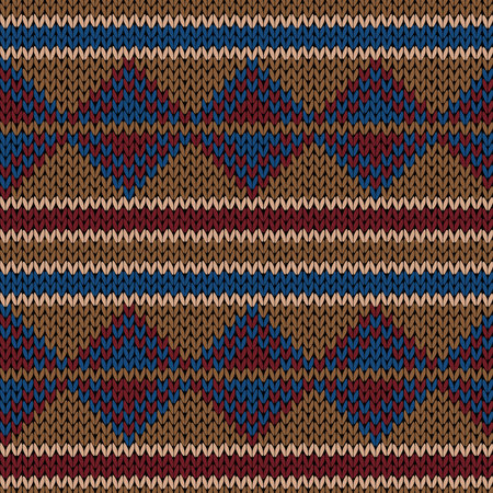 Knitted seamless vector pattern with triangular and linear elements in light brown, blue and red colors as a fabric textureのイラスト素材