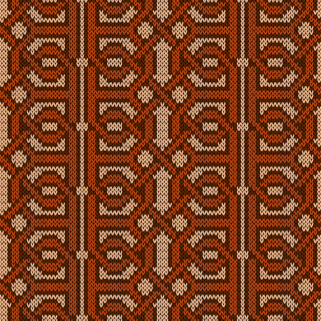 Symmetrically interwoven brown threads on the beige background, seamless vector knitted pattern as a fabric textureのイラスト素材
