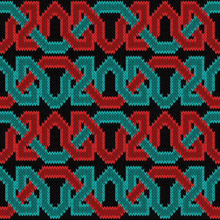Knitted seamless vector horizontal ornament with interlacing red and turquoise threads on the black background as a fabric texture.のイラスト素材
