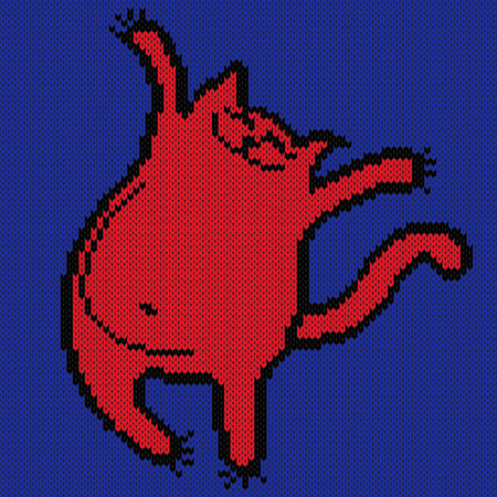 Amusing, happy and fat red cat on the blue background, knitting vector pattern as a fabric textureのイラスト素材
