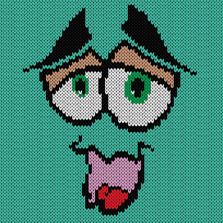 Funny and modest grimace with an open mouth on the turquoise background, knitting vector pattern as a fabric textureのイラスト素材