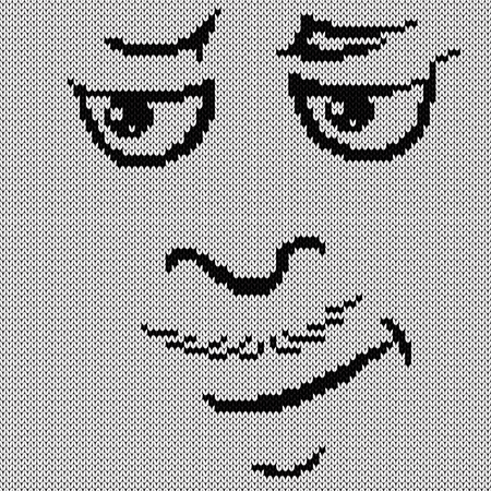 Black contour tricky and funny grimaces with mustache on the white background, knitting vector pattern as a fabric textureのイラスト素材