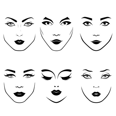 Stylized set of fashionable women's faces with distinctive eyes and lips, as face careのイラスト素材