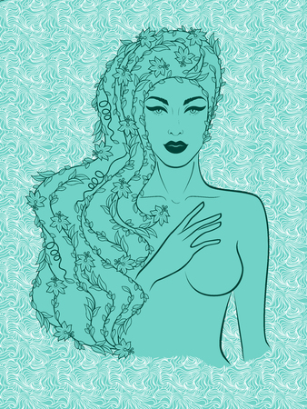 Contour of charming girl with floral luxuriant wavy hair and closed eyes on the decorative background in turquoise hues, hand drawing vectorのイラスト素材