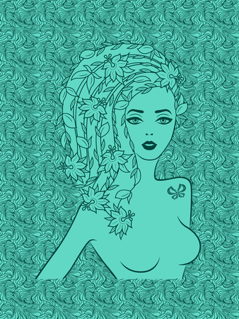 Charming girl with floral luxuriant wavy hair and expression eyes and with butterfly on her shoulder on the decorative background in turquoise hues, hand drawing vectorのイラスト素材
