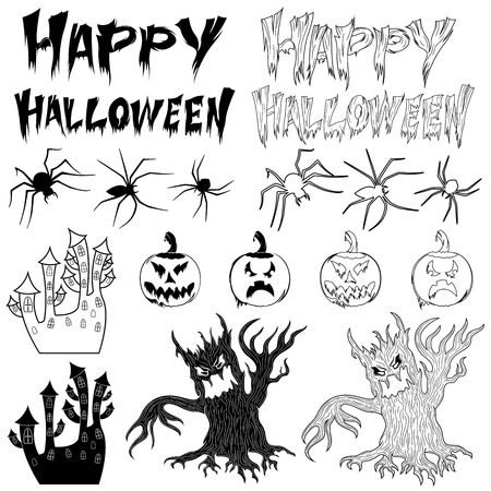Stylized silhouettes set for happy Halloween isolated on the white background, black vector for design postcards and postersのイラスト素材