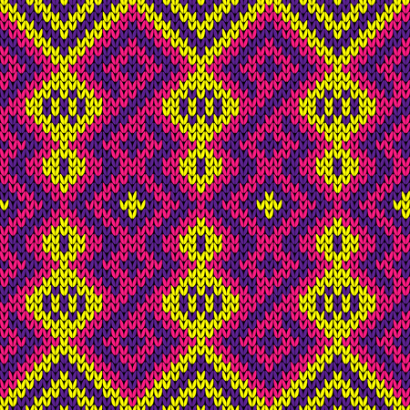 Knitted seamless decorative ornament in purple, pink and yellow color, vector as a fabric textureのイラスト素材