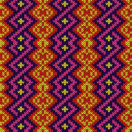 Knitted seamless colourful pattern in red, yellow, purple and pink colors, vector as a fabric textureのイラスト素材