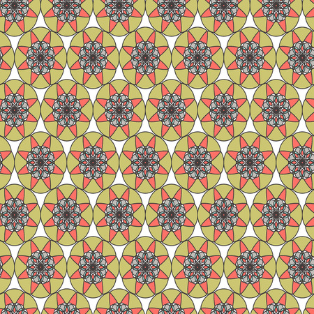 Delicate abstract pattern with decorative mandala in grey, khaki, blue and pink hues on the pale beige background, seamless vector as a fabric textureのイラスト素材