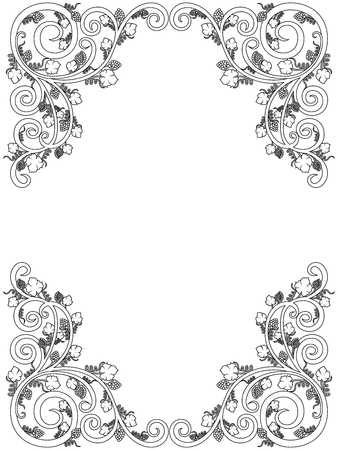 Hand drawn framed floral pattern with grape border elements and with leaves, black vector illustration on the white backgroundのイラスト素材