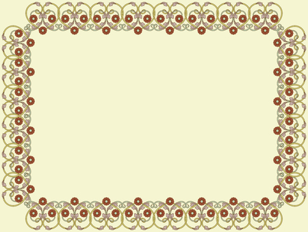 Delicate decorative flower frame with interlaced lines on muddy yellow background, hand drawn vector illustrationのイラスト素材