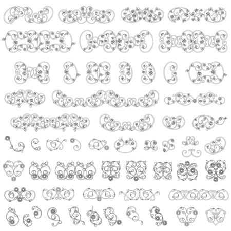 Many plants elements with interwoven lines of Victorian style, black isolated vector on the white background for design of postcardsのイラスト素材