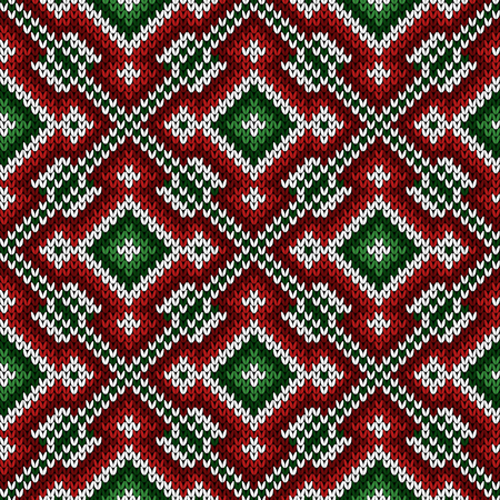Knitted diagonal ornate pattern in green, red and white hues, seamless vector as a fabric textureのイラスト素材