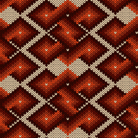 Knitted seamless ornate pattern with interlacing lines with smooth transition of brown and orange hues on the beige background, vector as a fabric textureのイラスト素材