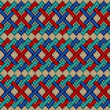 Knitted seamless ornate pattern with interlacing lines in red, blue and turquoise colors on the beige background, vector as a fabric textureのイラスト素材