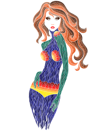Lady body stencil decorated with various patterns, black vector on the white backgroundのイラスト素材