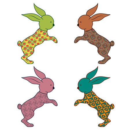 Set of four stylized colorful Easter ornamental rabbits isolated on the white background, hand drawing vector illustrationのイラスト素材
