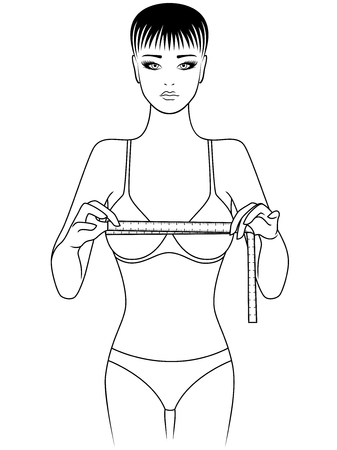 Slim girl measuring the size of her chest with tape measure, outline vector illustrationのイラスト素材